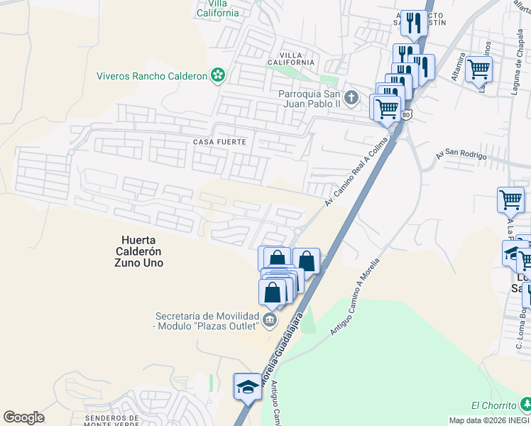 map of restaurants, bars, coffee shops, grocery stores, and more near 344 Avenida Adamar Oriente in San Agustín