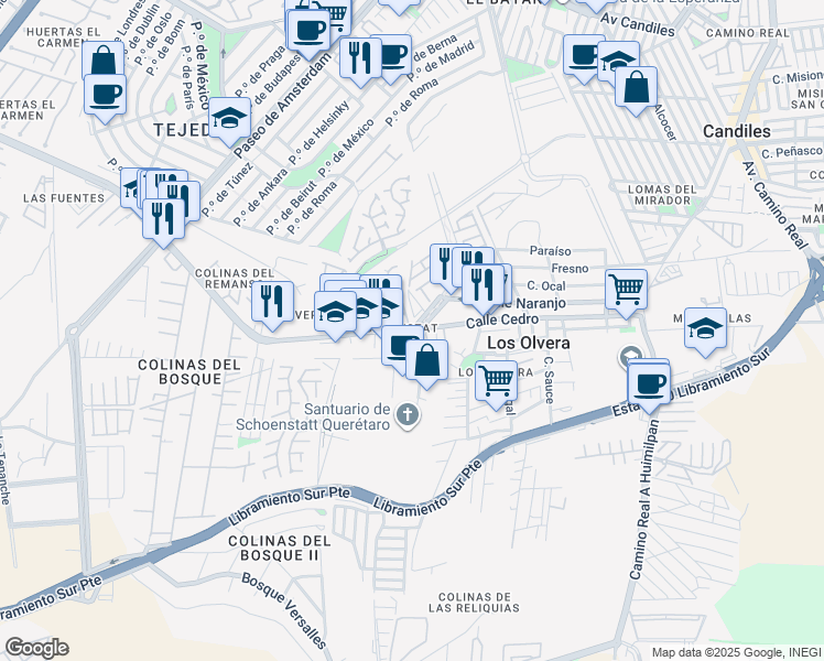 map of restaurants, bars, coffee shops, grocery stores, and more near 96 Camino a los Olvera in El Pueblito