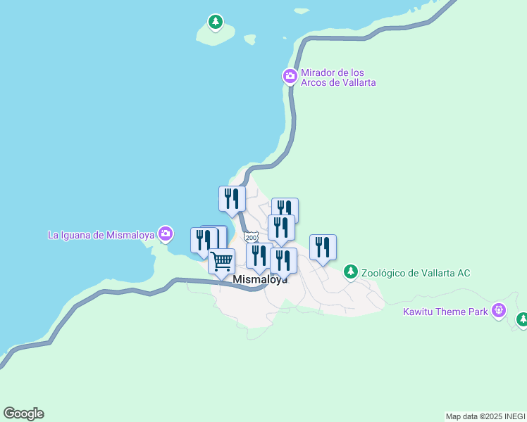 map of restaurants, bars, coffee shops, grocery stores, and more near Calle Candida Azucena # 96, Fracc. Lomas de Mismaloya, Puerto Vallarta Carretera Federal 200 in Mismaloya