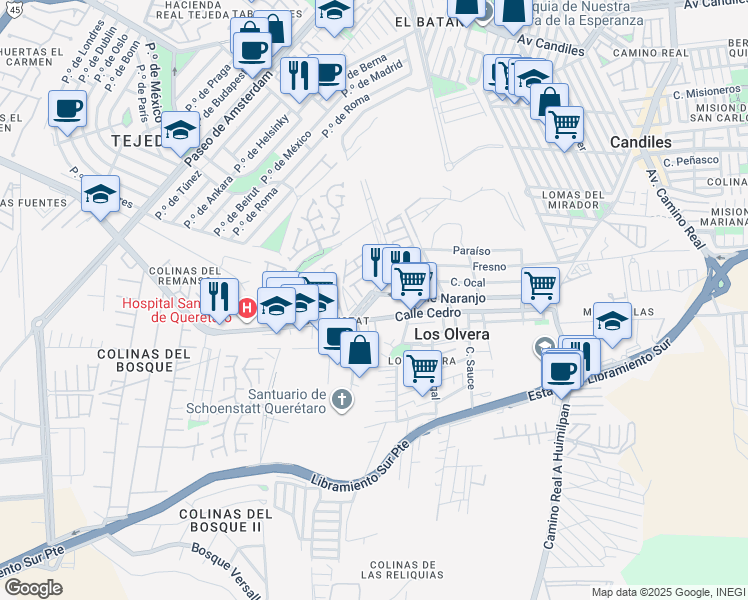 map of restaurants, bars, coffee shops, grocery stores, and more near 104 Avenida Vallendar in El Pueblito