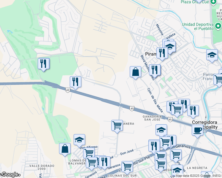 map of restaurants, bars, coffee shops, grocery stores, and more near 225 Fraccionamiento Lomas de Balvanera in El Pueblito