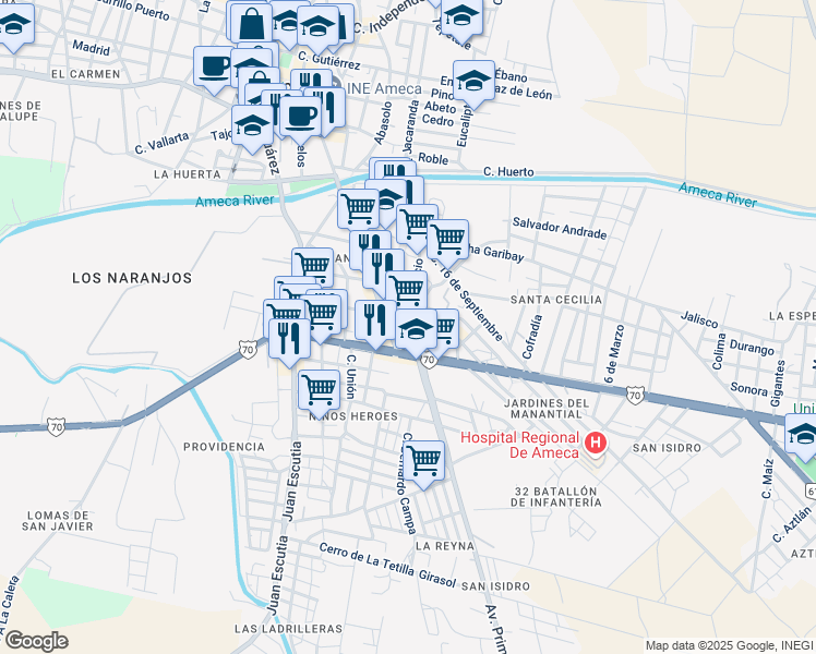 map of restaurants, bars, coffee shops, grocery stores, and more near 98 Calle San Ignacio in Ameca