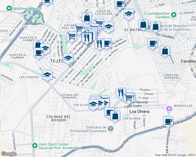 map of restaurants, bars, coffee shops, grocery stores, and more near Privada Paseo de Atenas in El Pueblito