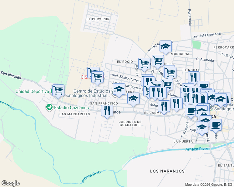 map of restaurants, bars, coffee shops, grocery stores, and more near in Ameca