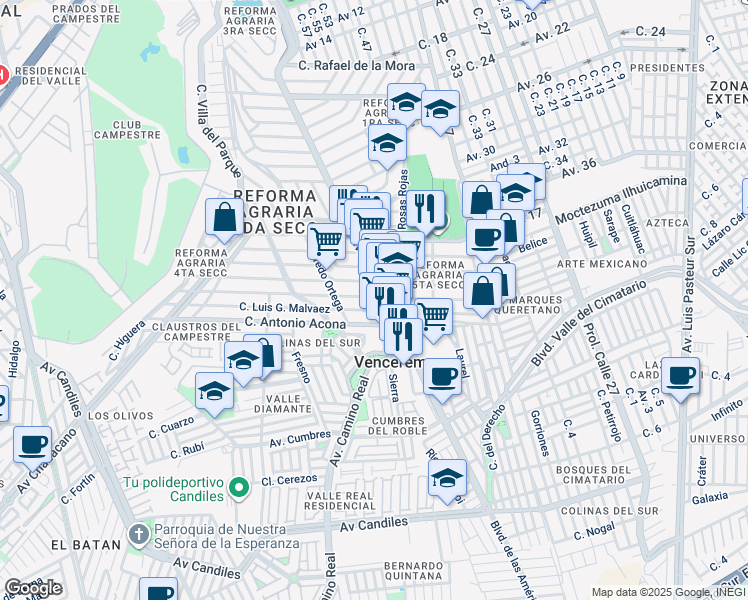 map of restaurants, bars, coffee shops, grocery stores, and more near 207 Calle Antonio Rivera de la Torre in Santiago de Querétaro