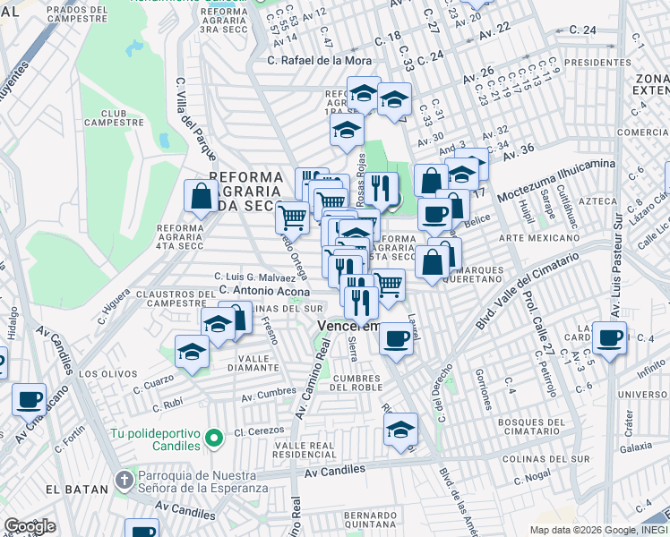 map of restaurants, bars, coffee shops, grocery stores, and more near 207 Calle Antonio Rivera de la Torre in Santiago de Querétaro
