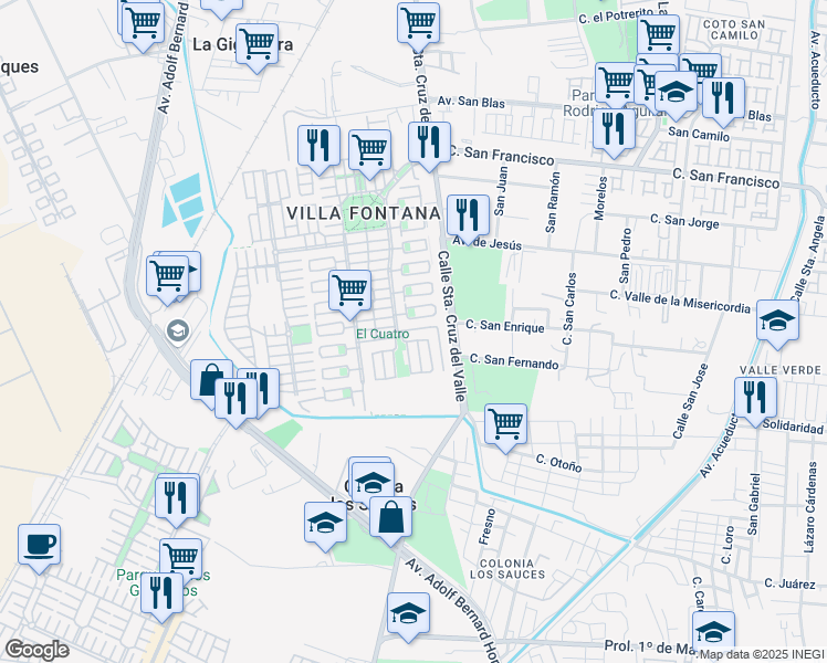 map of restaurants, bars, coffee shops, grocery stores, and more near 144 Villa Fontana Sur in Santa Cruz del Valle