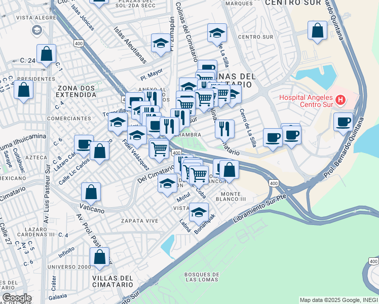 map of restaurants, bars, coffee shops, grocery stores, and more near 1153 Avenida del Parque in Santiago de Querétaro