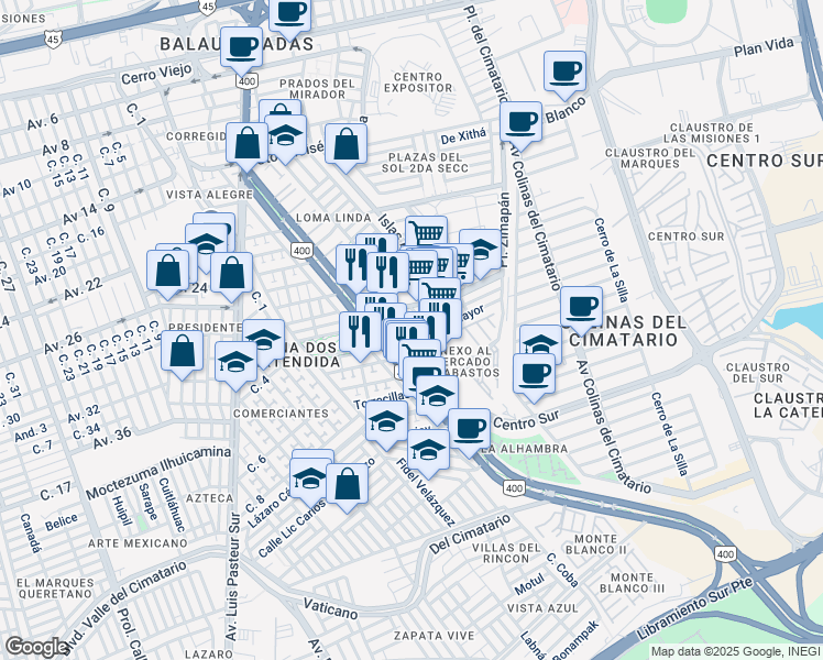 map of restaurants, bars, coffee shops, grocery stores, and more near 999 Carretera Huimilpan in Huimilpan Centro