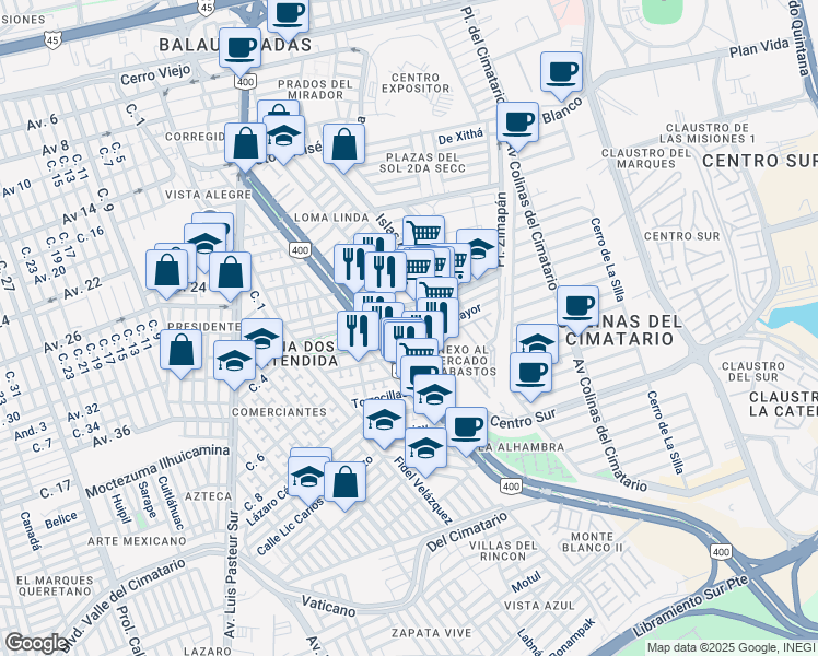 map of restaurants, bars, coffee shops, grocery stores, and more near 999 Carretera Huimilpan in Huimilpan Centro