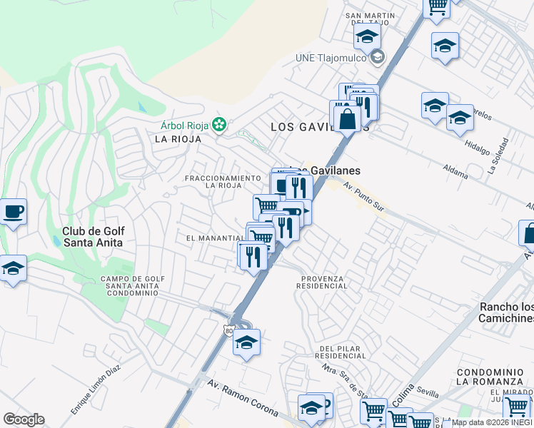 map of restaurants, bars, coffee shops, grocery stores, and more near 7700 Avenida Adolfo López Mateos Sur in Los Gavilanes