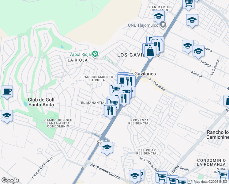 map of restaurants, bars, coffee shops, grocery stores, and more near 7700 Avenida Adolfo López Mateos Sur in Los Gavilanes