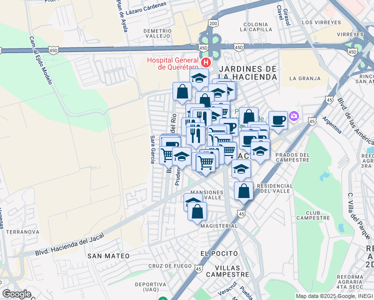 map of restaurants, bars, coffee shops, grocery stores, and more near 320 Calle Plaza de La Constitución in Santiago de Querétaro