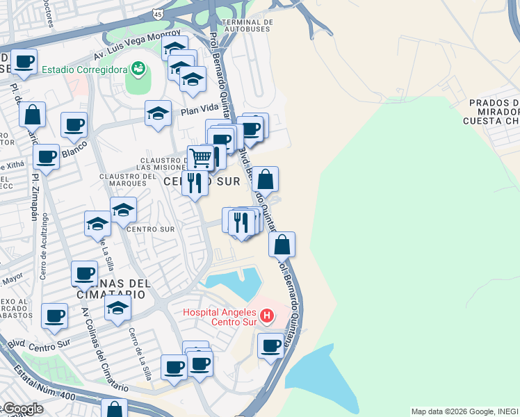 map of restaurants, bars, coffee shops, grocery stores, and more near Prolongación Bernardo Quintana in Santiago de Querétaro