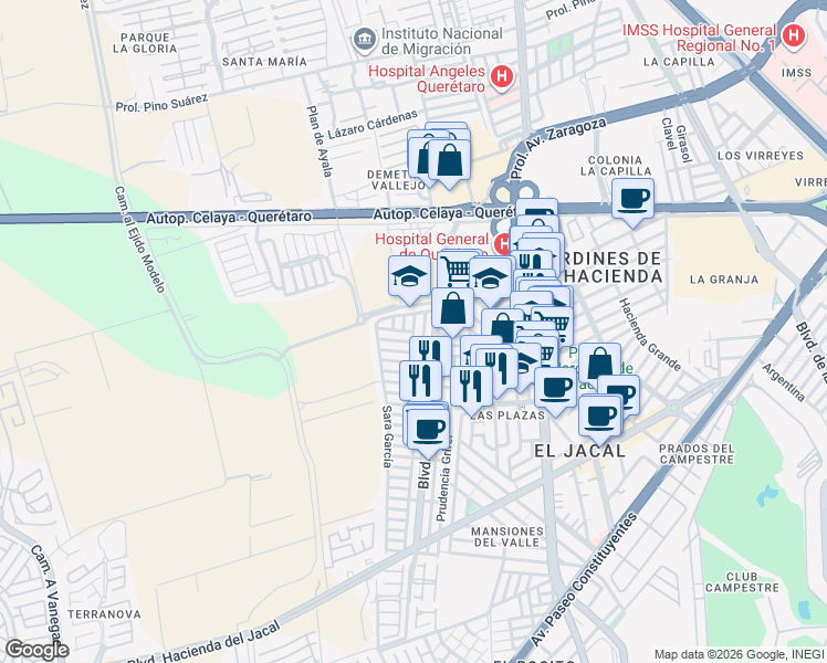map of restaurants, bars, coffee shops, grocery stores, and more near Gloria Marín in Santiago de Querétaro