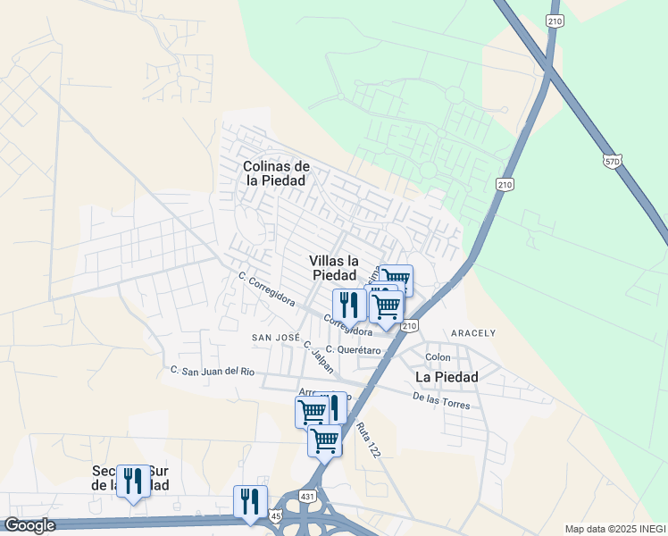 map of restaurants, bars, coffee shops, grocery stores, and more near in Villas la Piedad