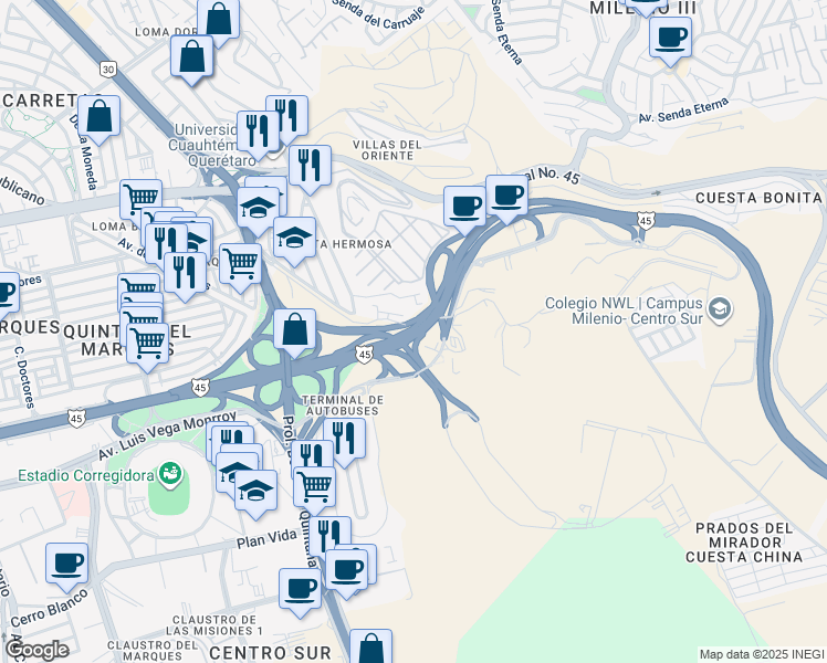 map of restaurants, bars, coffee shops, grocery stores, and more near 24 Jurica - San Juan del Rio in Santiago de Querétaro
