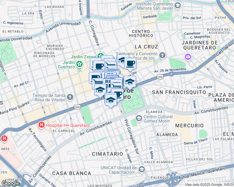 map of restaurants, bars, coffee shops, grocery stores, and more near in Santiago de Querétaro