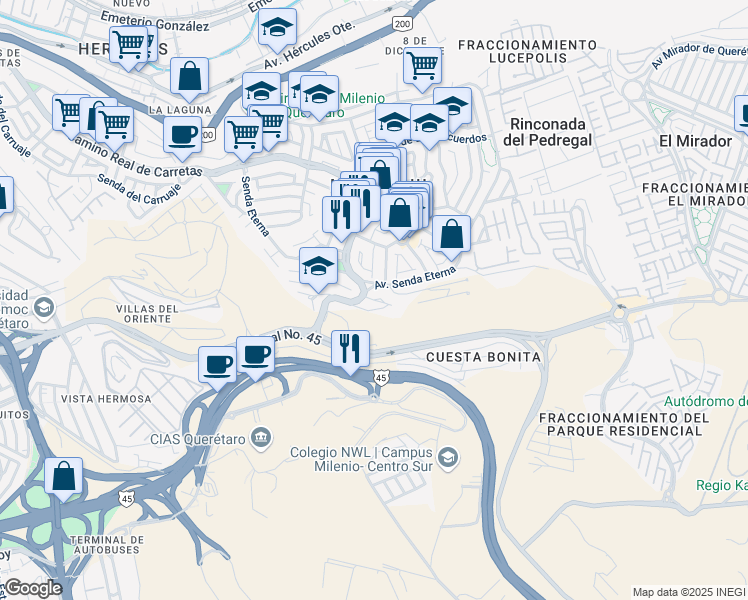 map of restaurants, bars, coffee shops, grocery stores, and more near Sendero del Reflejo in Santiago de Querétaro