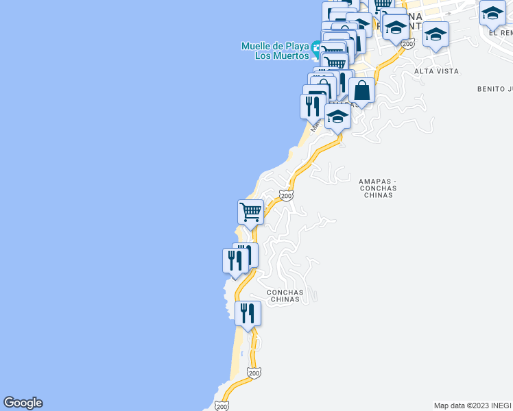 map of restaurants, bars, coffee shops, grocery stores, and more near 112 Calle Sagitario in Puerto Vallarta