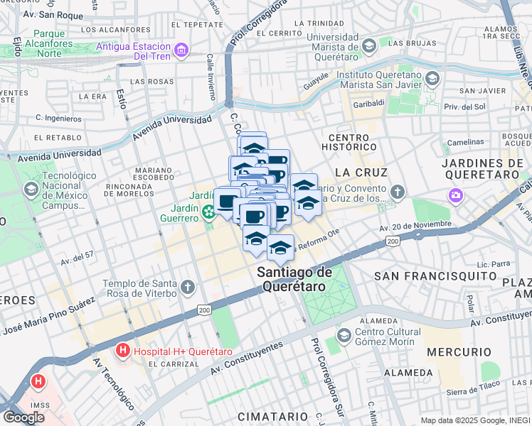 map of restaurants, bars, coffee shops, grocery stores, and more near 4 Carretera Querétaro - Chichimequillas in Santiago de Querétaro