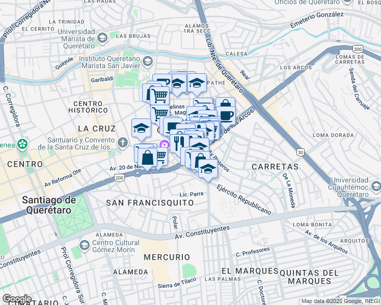 map of restaurants, bars, coffee shops, grocery stores, and more near 1 Calzada de los Arcos in Santiago de Querétaro