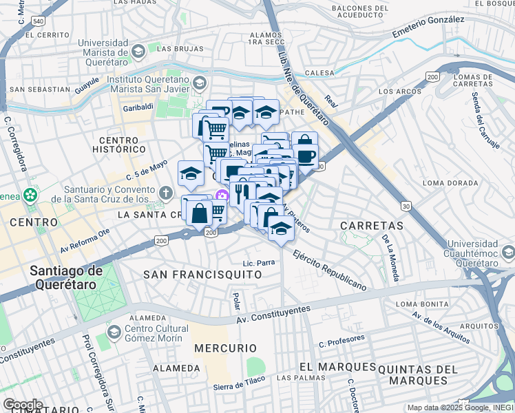 map of restaurants, bars, coffee shops, grocery stores, and more near 1 Calzada de los Arcos in Santiago de Querétaro