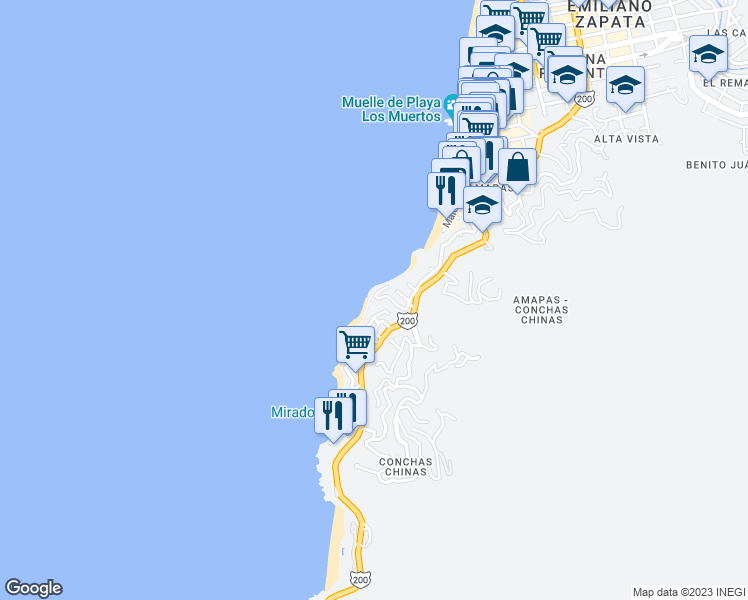 map of restaurants, bars, coffee shops, grocery stores, and more near 115 Calle Cerrada in Puerto Vallarta