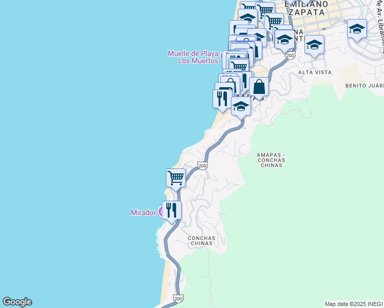 map of restaurants, bars, coffee shops, grocery stores, and more near 117 Amapas in Puerto Vallarta