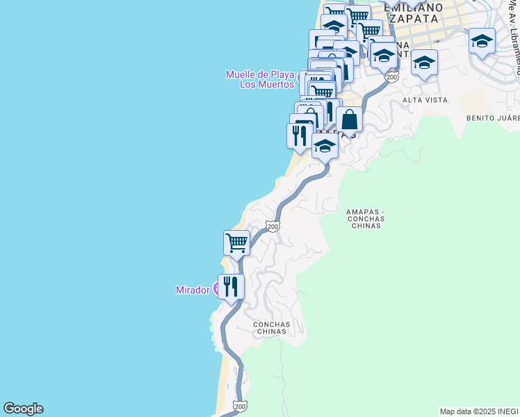 map of restaurants, bars, coffee shops, grocery stores, and more near 117 Amapas in Puerto Vallarta