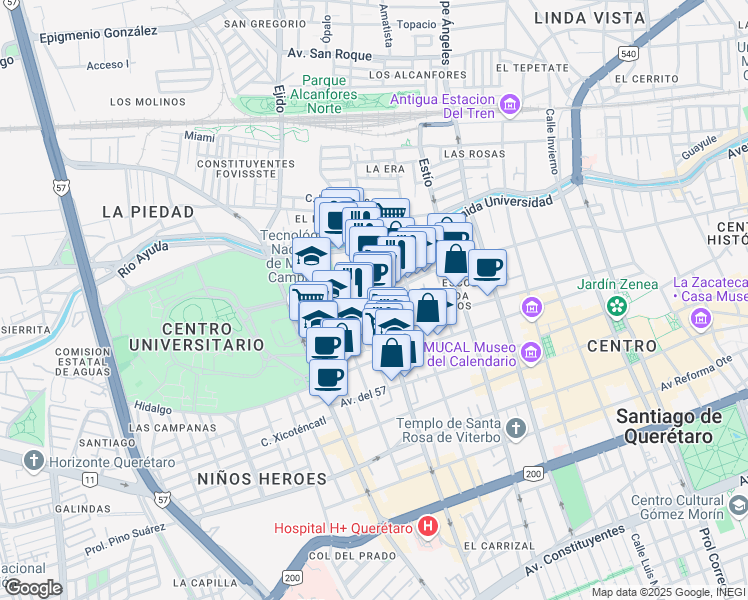 map of restaurants, bars, coffee shops, grocery stores, and more near 228 Calle Mariano Escobedo in Santiago de Querétaro