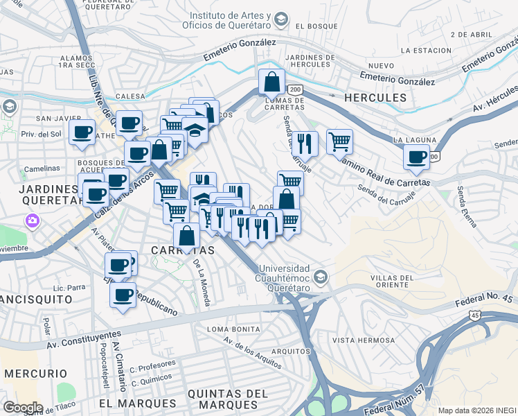 map of restaurants, bars, coffee shops, grocery stores, and more near Gloria Marín in Santiago de Querétaro
