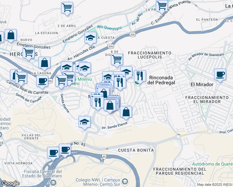 map of restaurants, bars, coffee shops, grocery stores, and more near 37 Senda de La Inspiración in Santiago de Querétaro