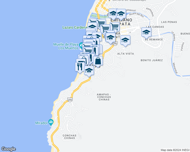 map of restaurants, bars, coffee shops, grocery stores, and more near 217 Calle Gardenias in Puerto Vallarta