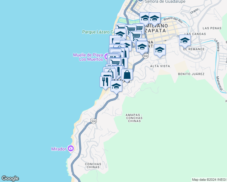 map of restaurants, bars, coffee shops, grocery stores, and more near 353 Amapas in Puerto Vallarta