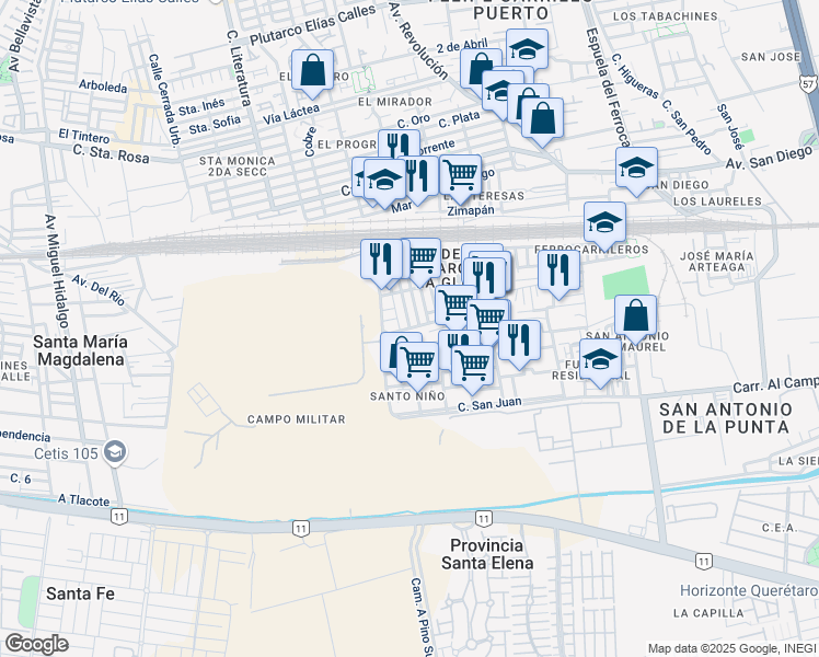 map of restaurants, bars, coffee shops, grocery stores, and more near 547 Hacienda Tequisquiapan in Santiago de Querétaro