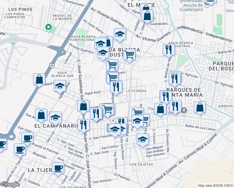 map of restaurants, bars, coffee shops, grocery stores, and more near 1083 Calle Privada Bugambilias in Zapopan
