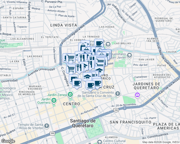 map of restaurants, bars, coffee shops, grocery stores, and more near 91B Calle 15 de Mayo in Santiago de Querétaro