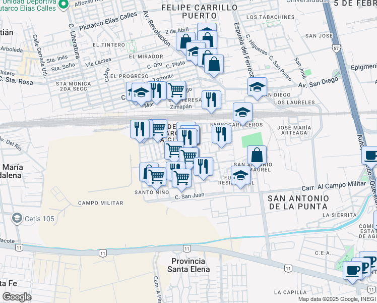 map of restaurants, bars, coffee shops, grocery stores, and more near 547 Hacienda Tequisquiapan in Santiago de Querétaro