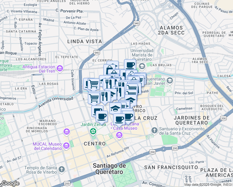 map of restaurants, bars, coffee shops, grocery stores, and more near 102 Avenida Universidad in Santiago de Querétaro