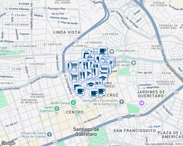 map of restaurants, bars, coffee shops, grocery stores, and more near 102 Avenida Universidad in Santiago de Querétaro