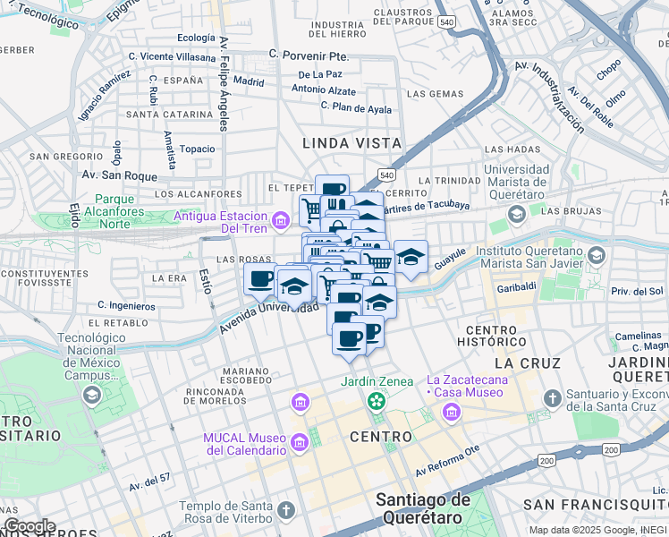 map of restaurants, bars, coffee shops, grocery stores, and more near 5 Avenida Corregidora Norte in Santiago de Querétaro