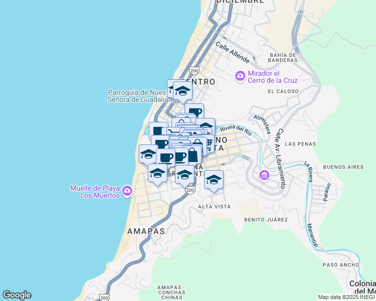 map of restaurants, bars, coffee shops, grocery stores, and more near 242 Insurgentes in Puerto Vallarta