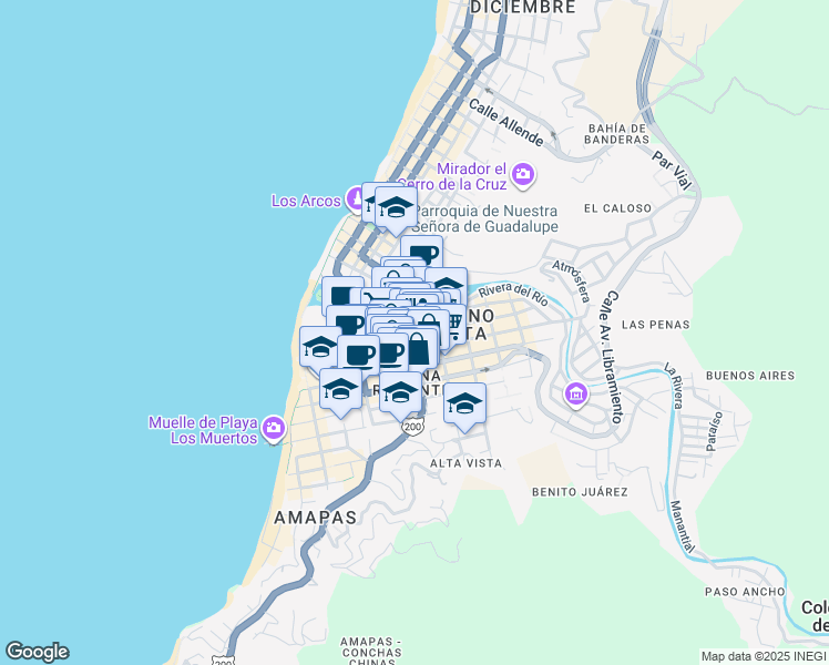 map of restaurants, bars, coffee shops, grocery stores, and more near 193 Insurgentes in Puerto Vallarta