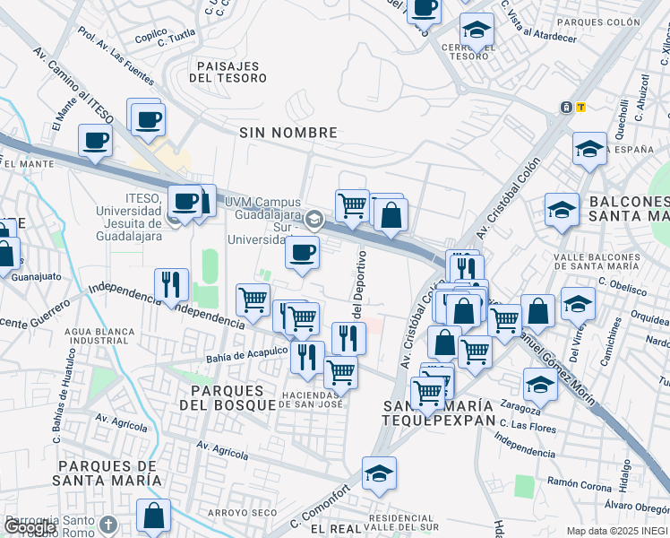 map of restaurants, bars, coffee shops, grocery stores, and more near 7999 Anillo Periférico Sur Manuel Gómez Morín in San Pedro Tlaquepaque