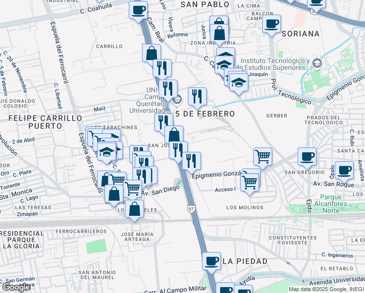map of restaurants, bars, coffee shops, grocery stores, and more near 1404 Avenida 5 de Febrero in Santiago de Querétaro