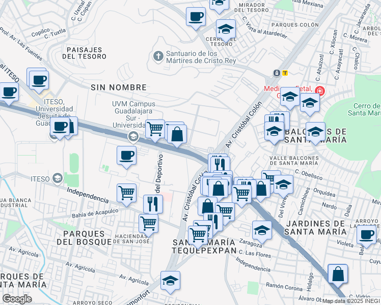 map of restaurants, bars, coffee shops, grocery stores, and more near 7980 Anillo Periférico Sur Manuel Gómez Morín in San Pedro Tlaquepaque