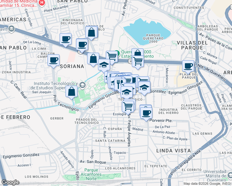 map of restaurants, bars, coffee shops, grocery stores, and more near 500 Epigmenio González in Santiago de Querétaro