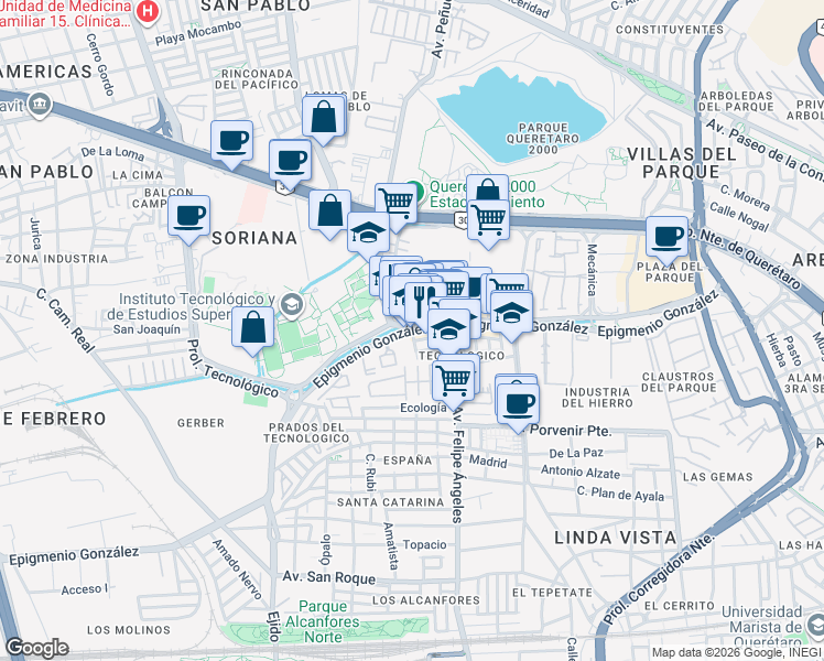 map of restaurants, bars, coffee shops, grocery stores, and more near 500 Epigmenio González in Santiago de Querétaro