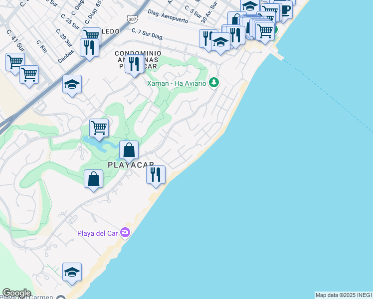 map of restaurants, bars, coffee shops, grocery stores, and more near 101 Bahía del Espíritu Santo in Playa del Carmen